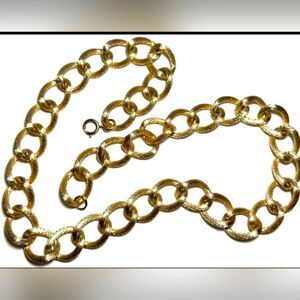 Vintage Necklace Signed GERMANY Gold Tone Chain Textured Ring Long Chunky 28"